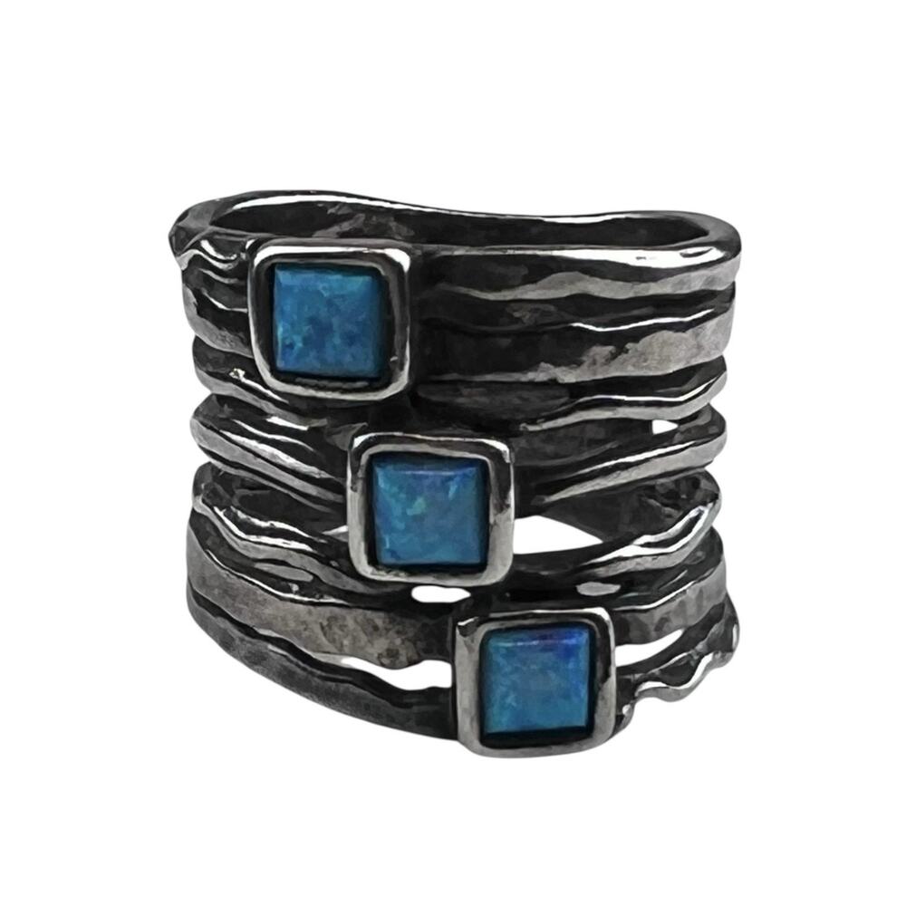 Didae Israel Wide Band Sterling Silver Ring Blue Opals Size 8